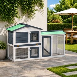 2-Layer Rabbit Hutch Dimensions: 145x45x84cm, Grey and White