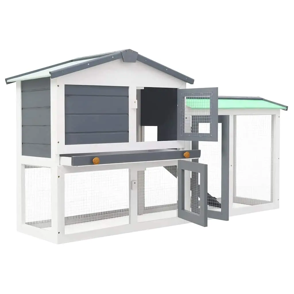 Outdoor Rabbit Hutch 2-Layer Wooden Cage Pet House Grey White 145x45x84cm