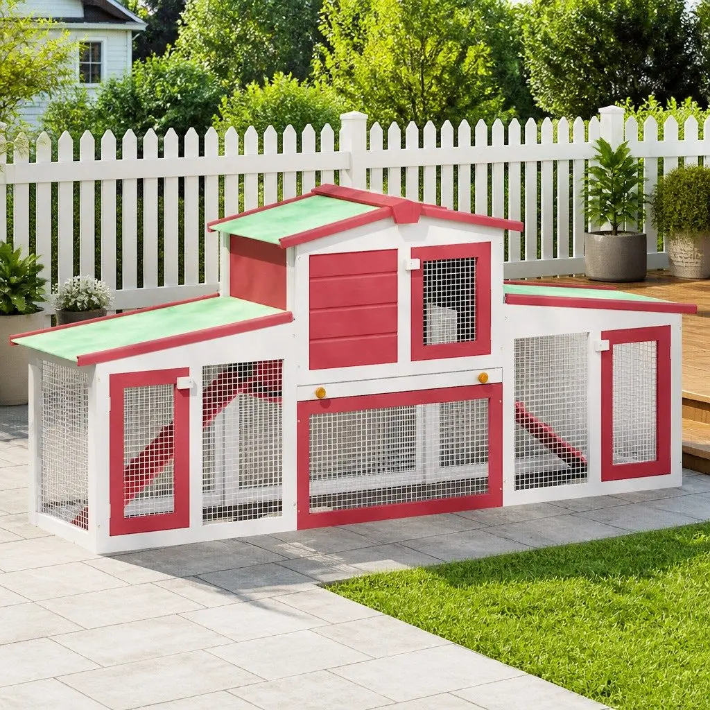 Outdoor Rabbit Hutch Large Wooden Cage for Small Animals 2 Tier with Run Red