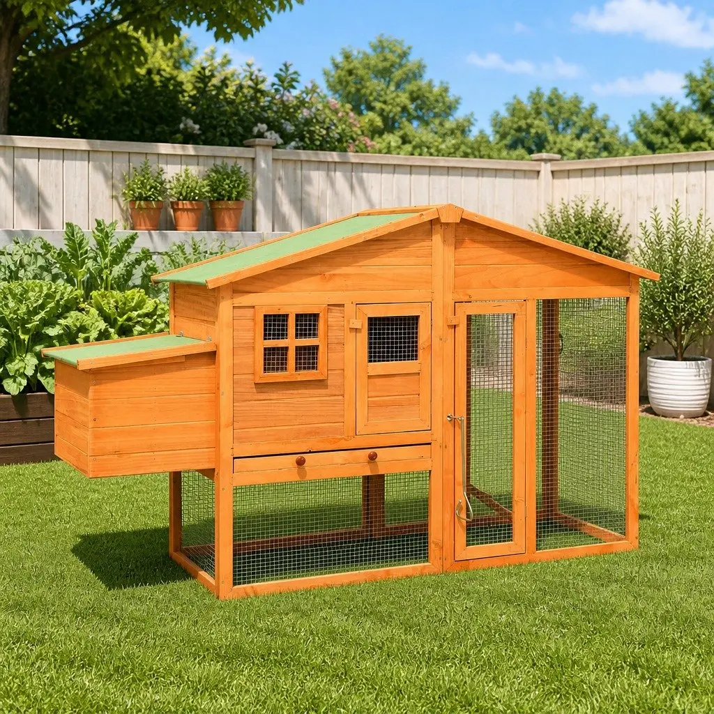Chicken Coop for Backyard Poultry Large Size Solid Fir Wood with Nest Box and Galvanised Steel Wire Mesh