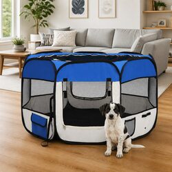Foldable Dog Playpen with Carrying Bag Blue 110x110x58 cm Training Play Run