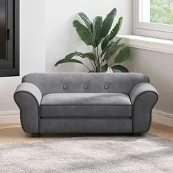 Pet Bed with Grey Plush Cushion and Wooden Frame, 72x45x30 cm