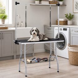 Dog Grooming Table Adjustable Height Foldable with Loops Basket Non-Slip