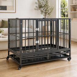 Black Steel Dog Cage Dimensions 102x72x85 cm with Wheels