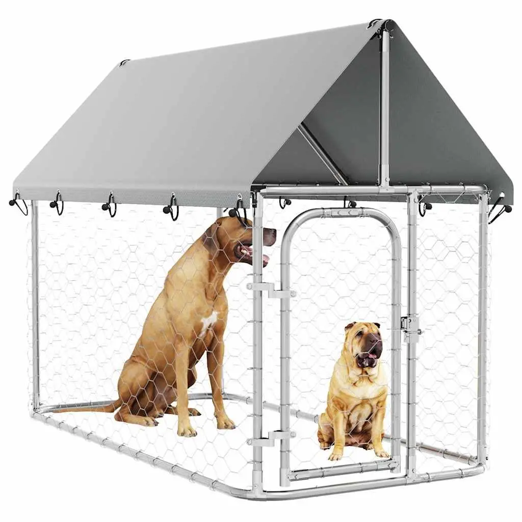 Outdoor Dog Kennel Exercise Pen with Roof 200 x 100 x 150 cm Silver Steel Mesh Run Enclosure