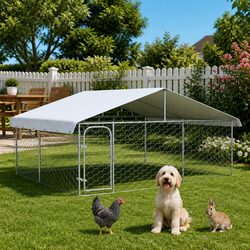 Outdoor Dog Kennel with Roof Large Backyard Enclosure Run Lockable Door Silver