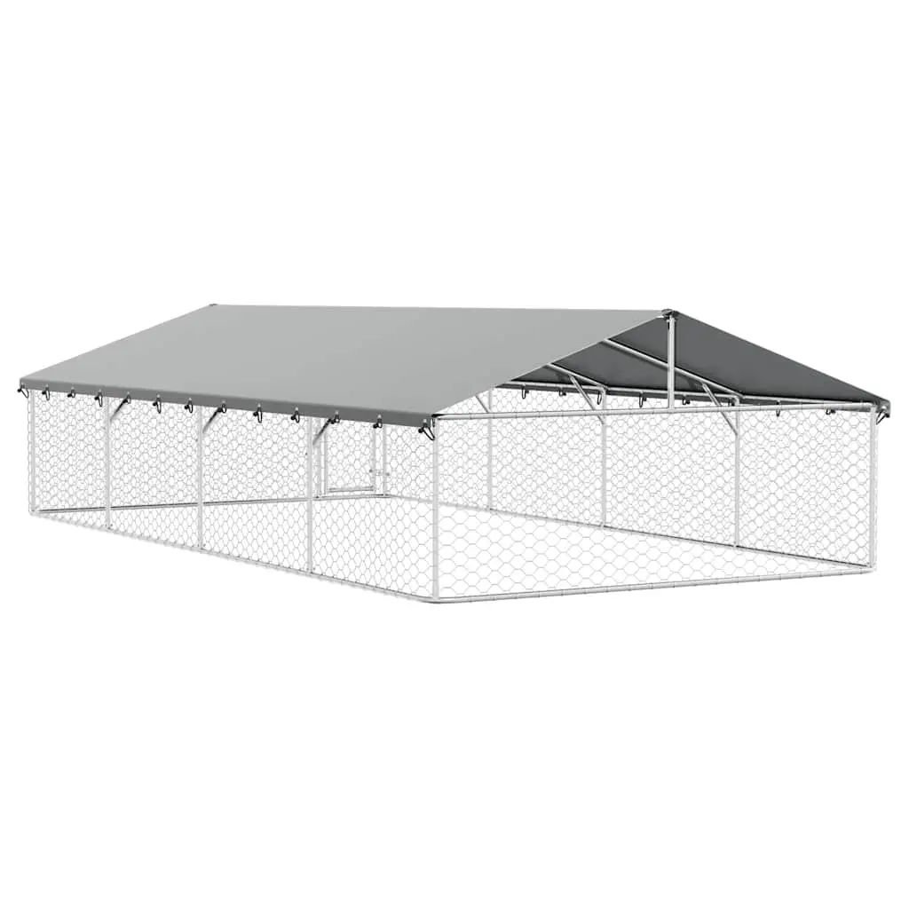 Outdoor Dog Kennel with Roof Silver Sturdy Steel Mesh Run Enclosure Exercise Pen