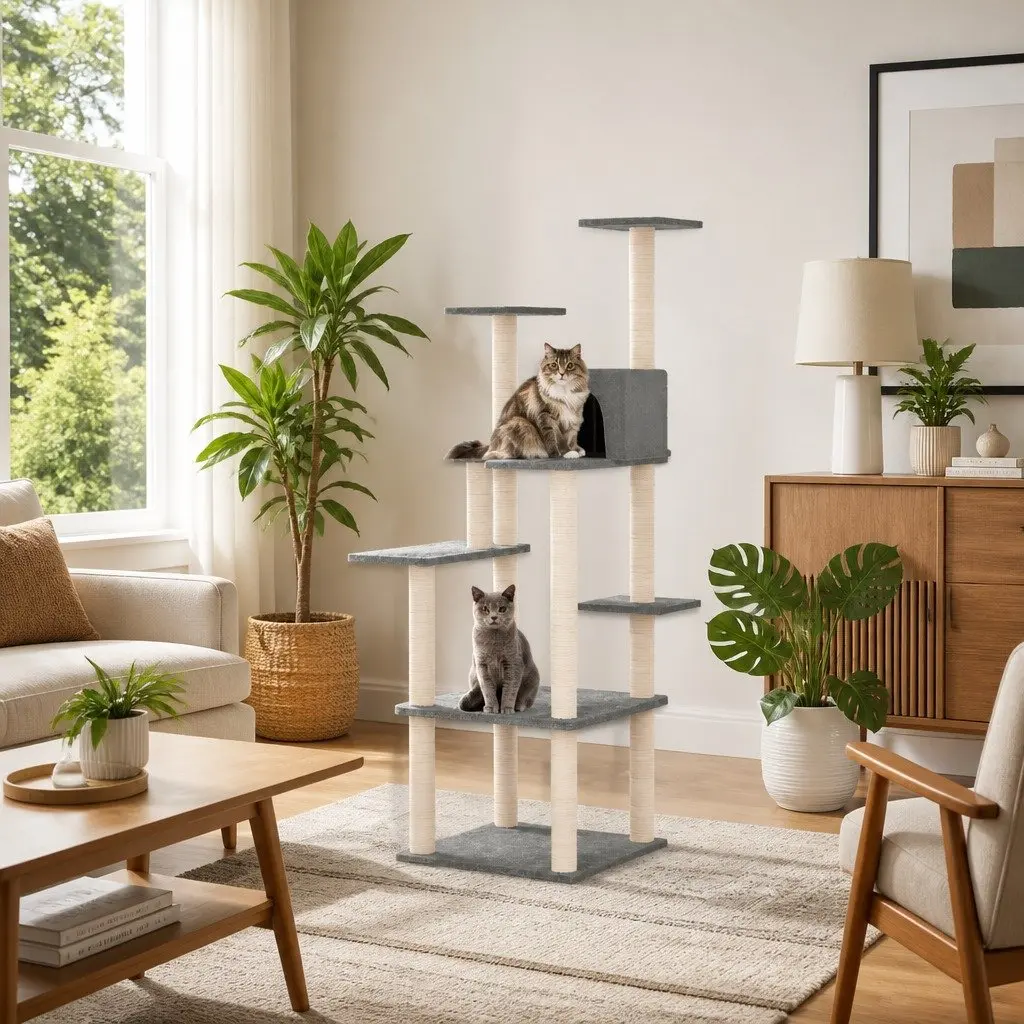 Cat Tree Tower with Sisal Scratching Posts Light Grey 153cm Multi-Level Cat