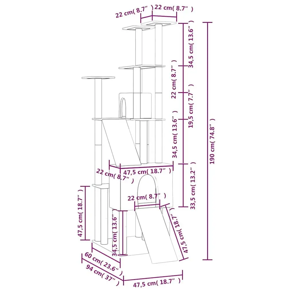 Cat Tree Multi-Level for Cats Light Grey 190cm