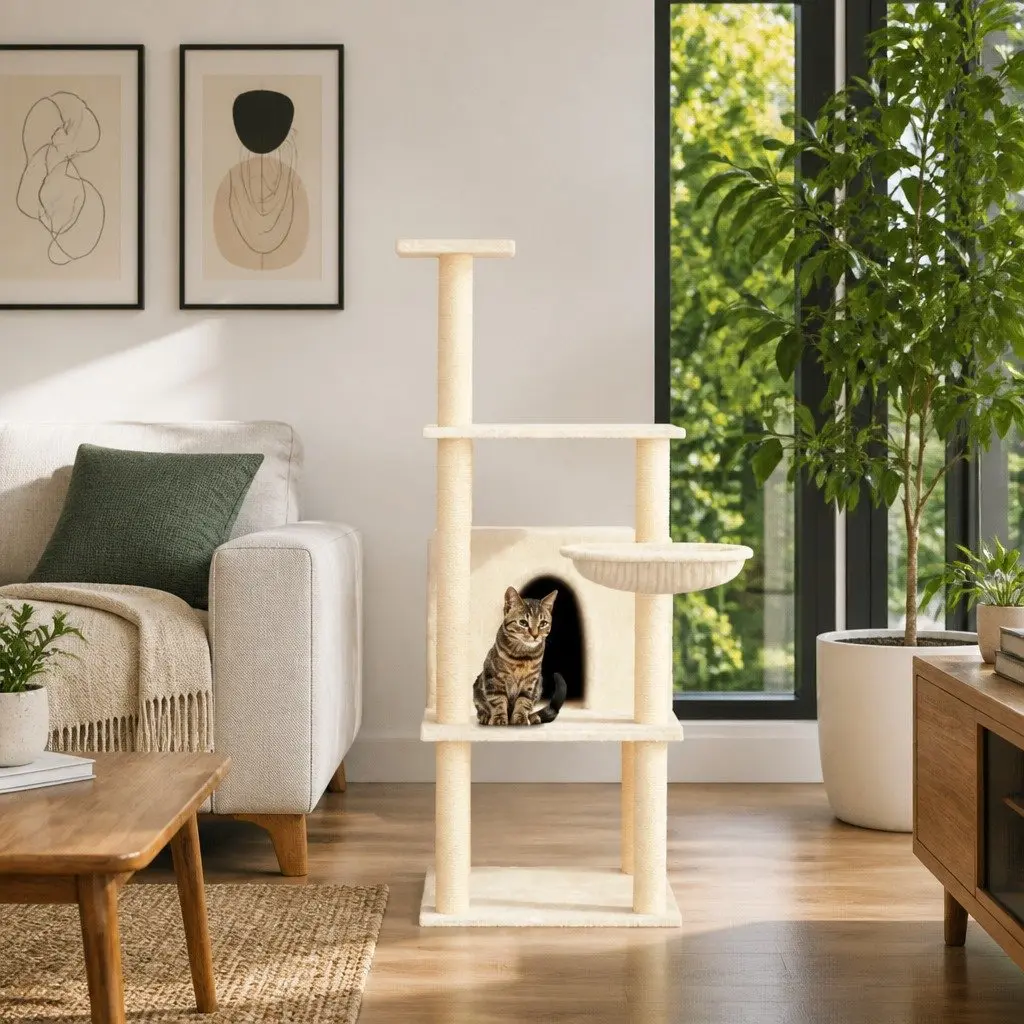 Cat Tree for Cats Multi-Level House Basket Platforms Cream 132 cm