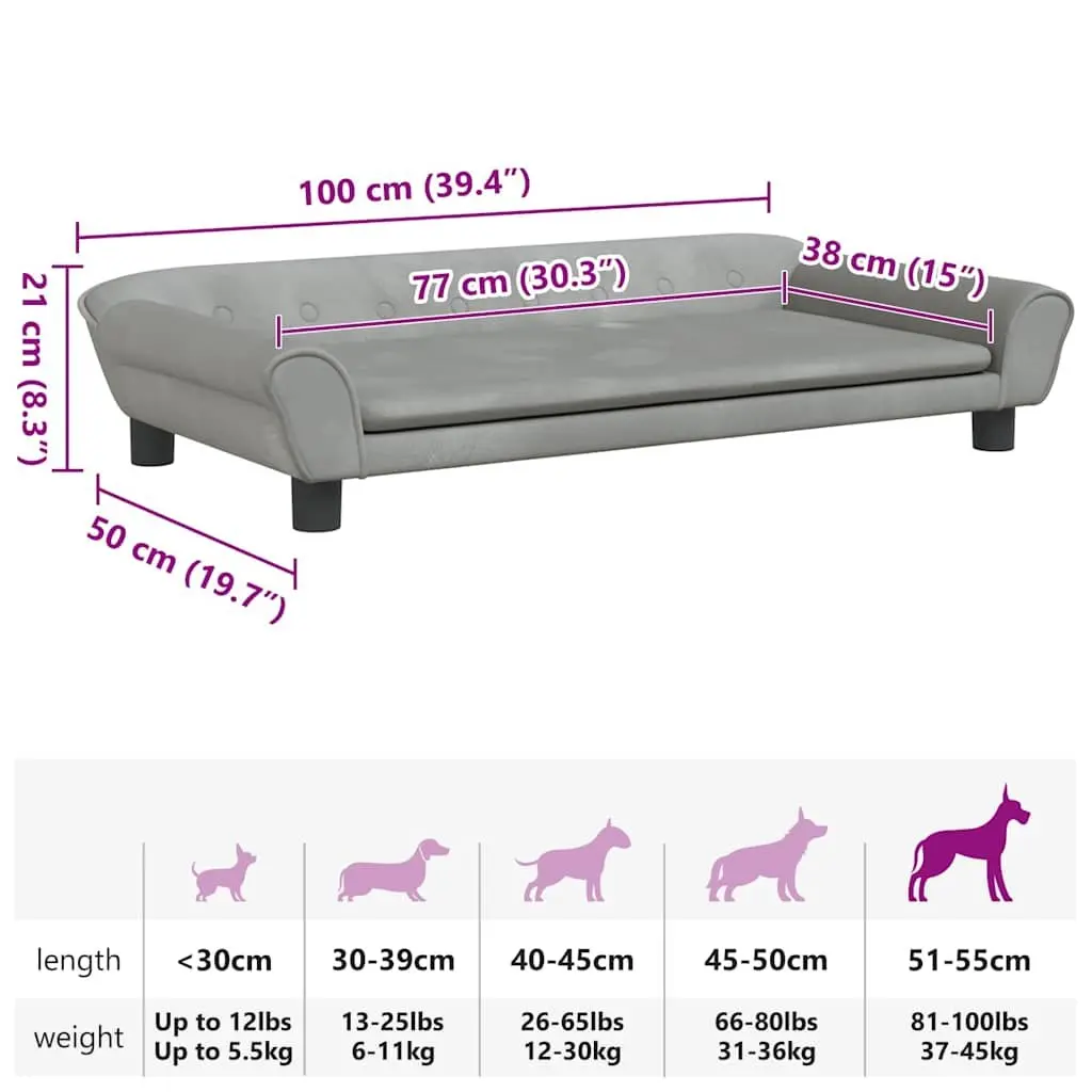 Dog Bed for Dogs Grey Velvet Padded Sofa Couch 100 x 50 x 21 cm