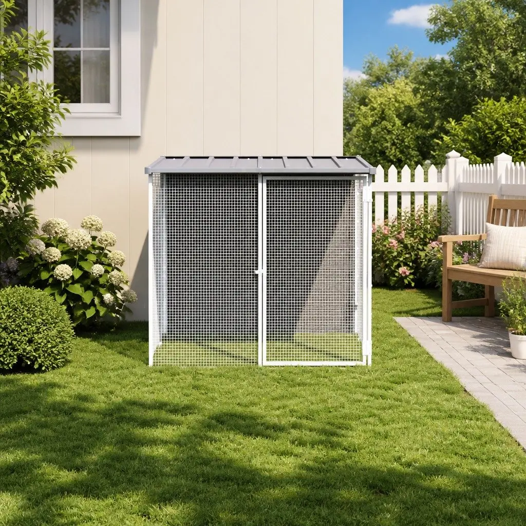 Chicken Cage with Roof Grey Galvanised Steel Coop Small Animal Habitat Outdoor