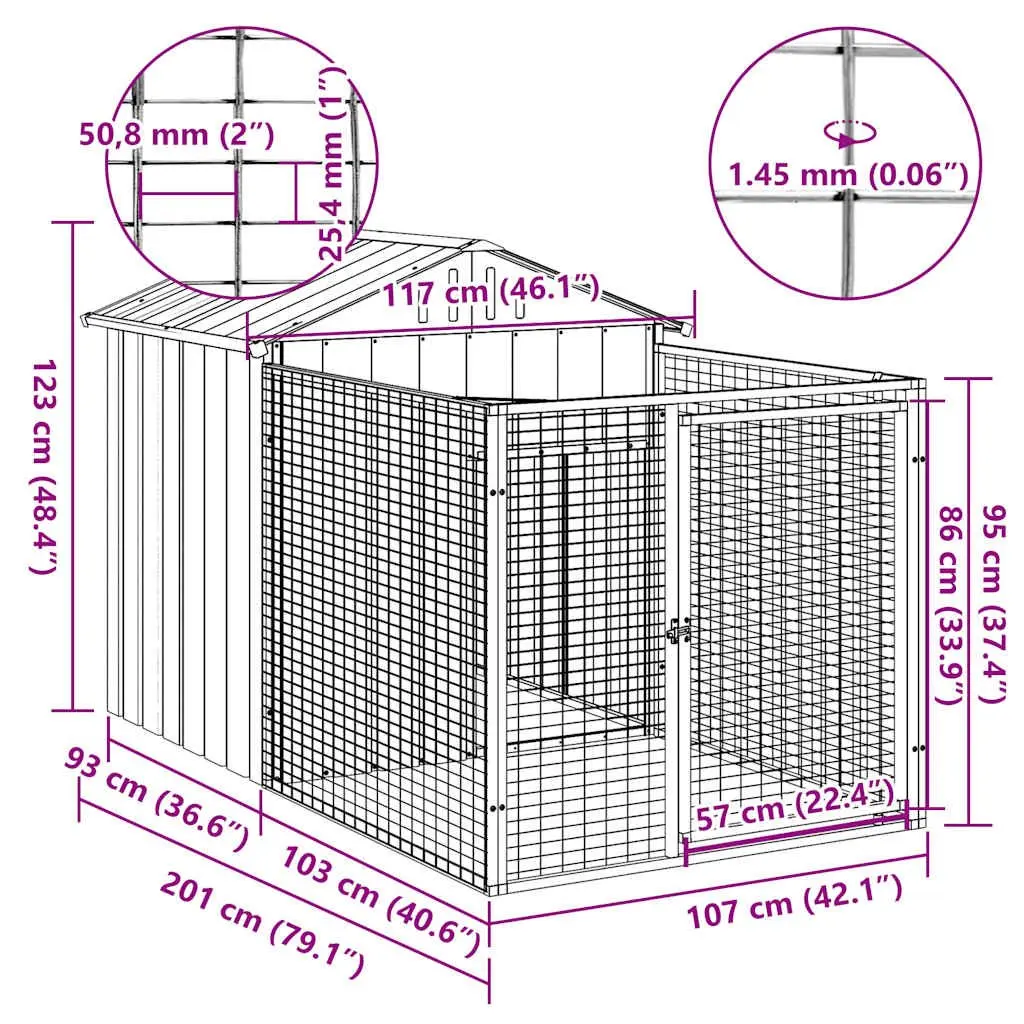 Dog House Outdoor Kennel with Extended Run Grey Galvanised Steel 117cm x 201cm x 123cm
