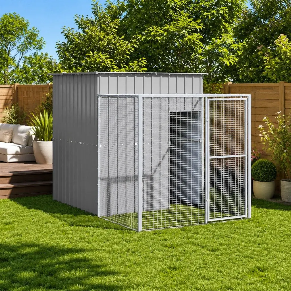 Chicken Cage with Run Light Grey 165x251x181cm Galvanised Steel Coop House