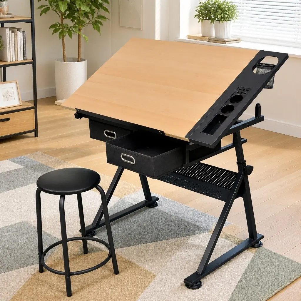 Adjustable Height Drawing and Crafting Table with Padded Stool