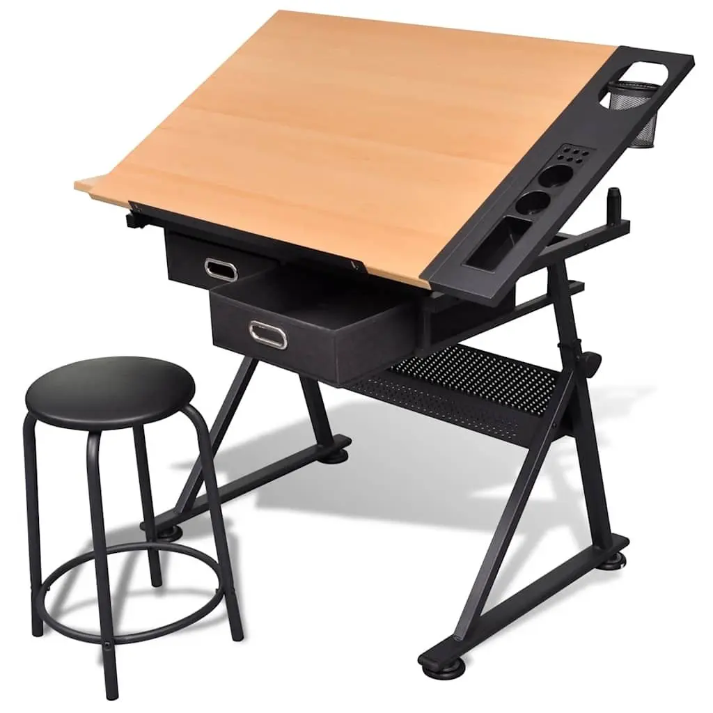 Adjustable Height Drawing and Crafting Table with Padded Stool