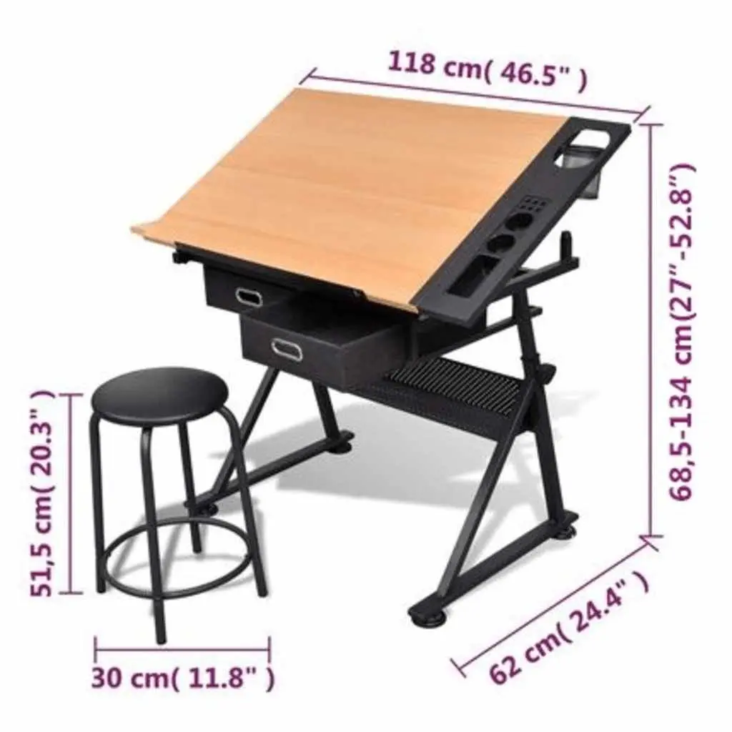 Adjustable Height Drawing and Crafting Table with Padded Stool