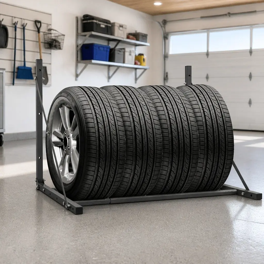 Foldable Tyre Rack Wall Mounted Storage Steel Adjustable 81-122cm Garage