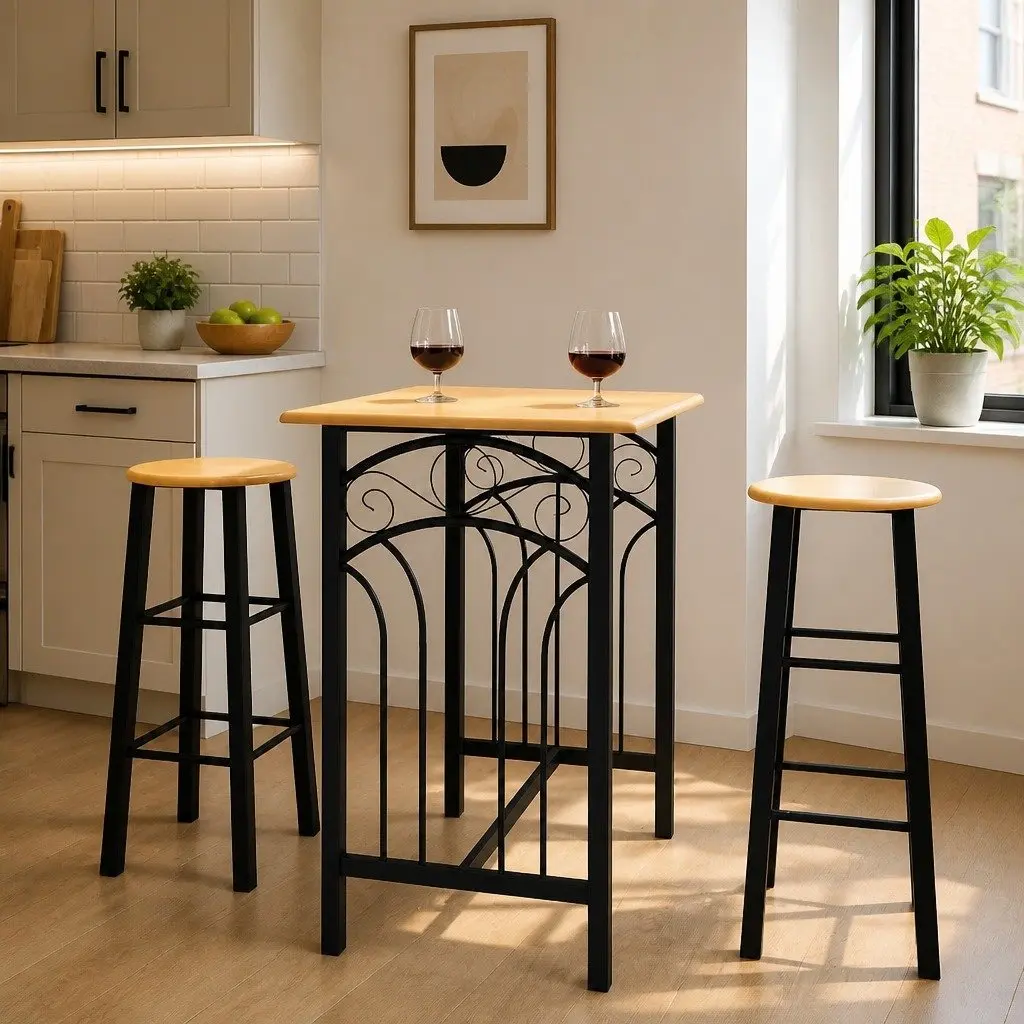 Breakfast Dining Set Rectangular Table with 2 High Stools Black Space Saving