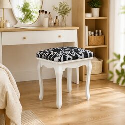 Dressing Stool Specifications: Black Fabric and Curved Legs
