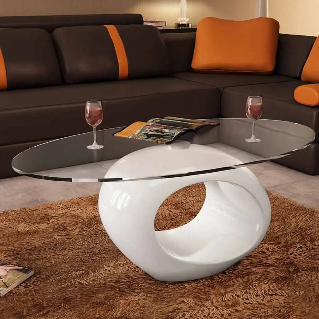 Oval Coffee Table for Living Room Glass Top High Gloss White