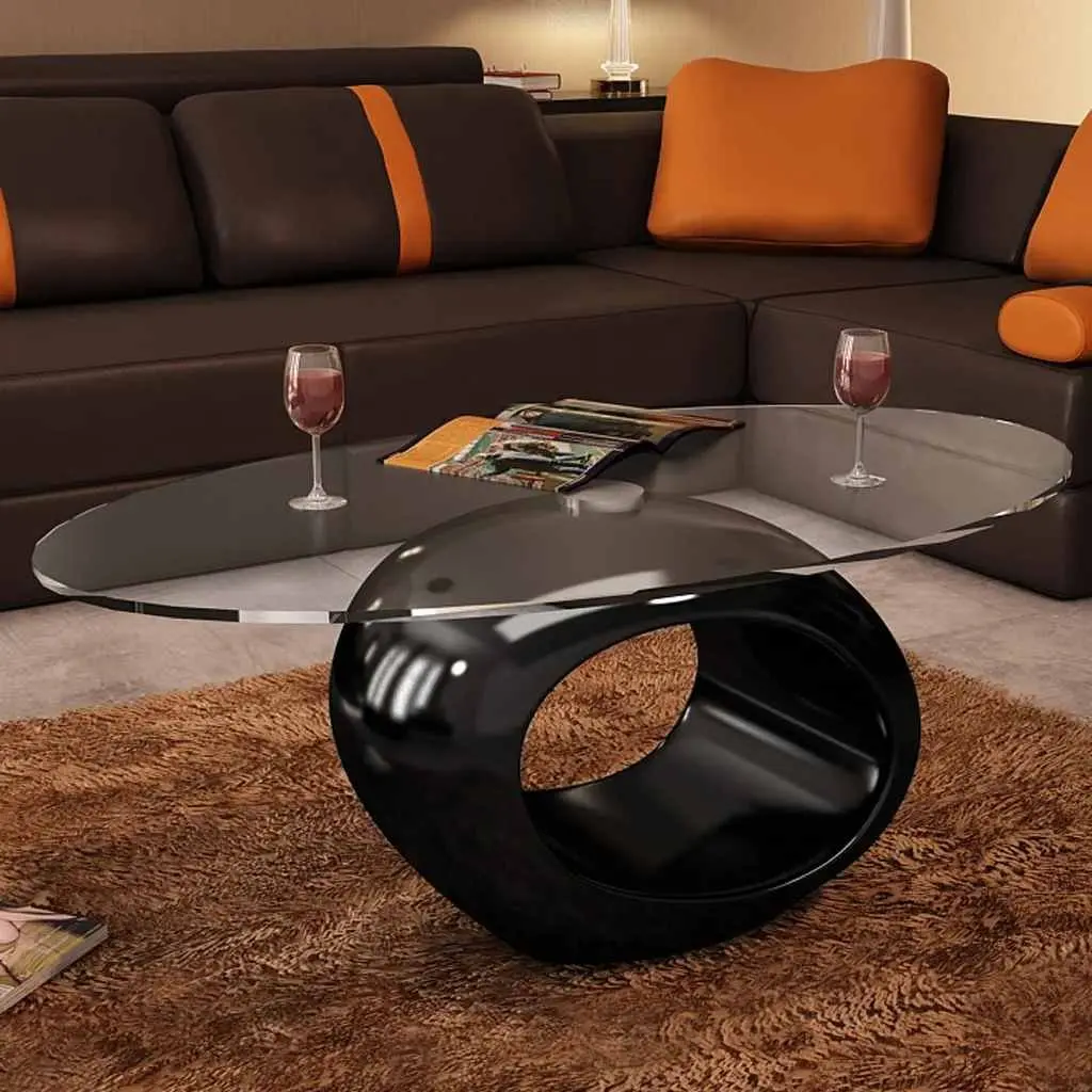 Oval Coffee Table for Living Room or Bedroom with Glass Top and High Gloss Black Base