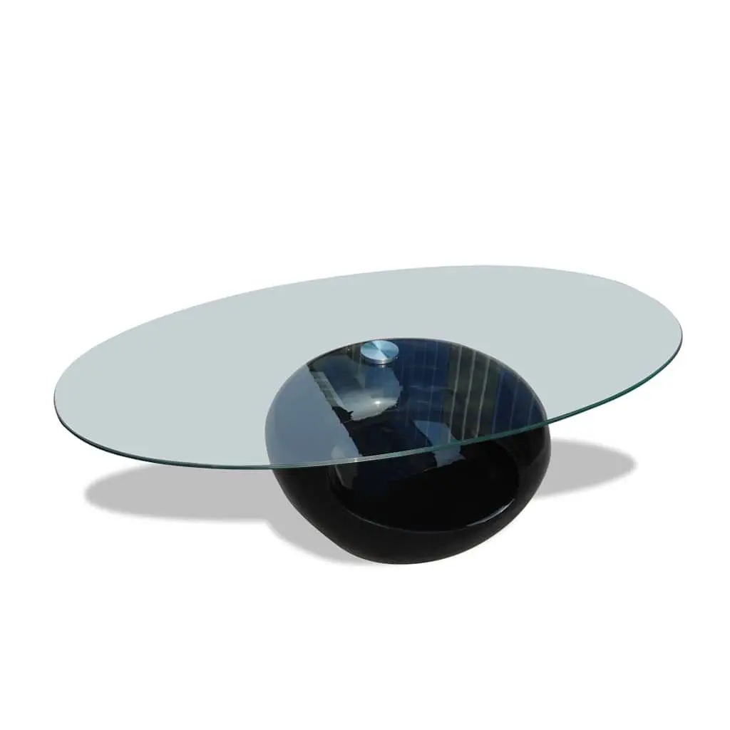 Oval Coffee Table for Living Room or Bedroom with Glass Top and High Gloss Black Base
