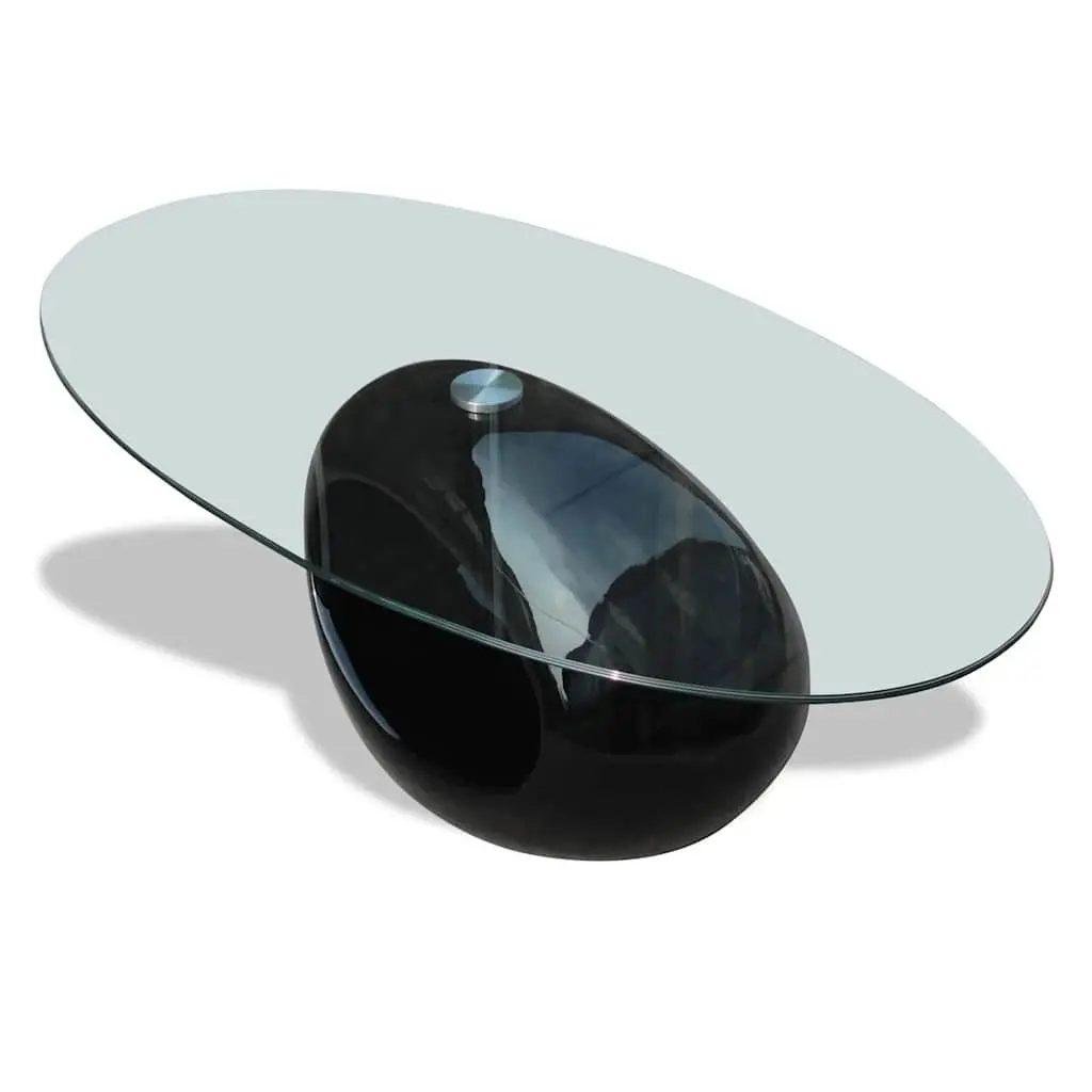 Oval Coffee Table for Living Room or Bedroom with Glass Top and High Gloss Black Base