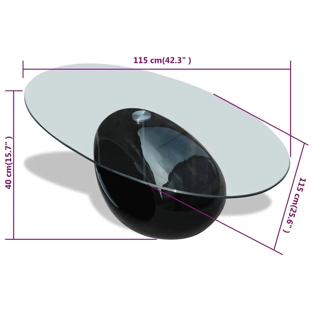 Oval Coffee Table for Living Room or Bedroom with Glass Top and High Gloss Black Base