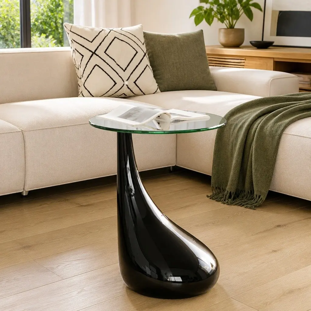 Coffee Table Living Room Round Glass Top High Gloss Black Water Drop Base