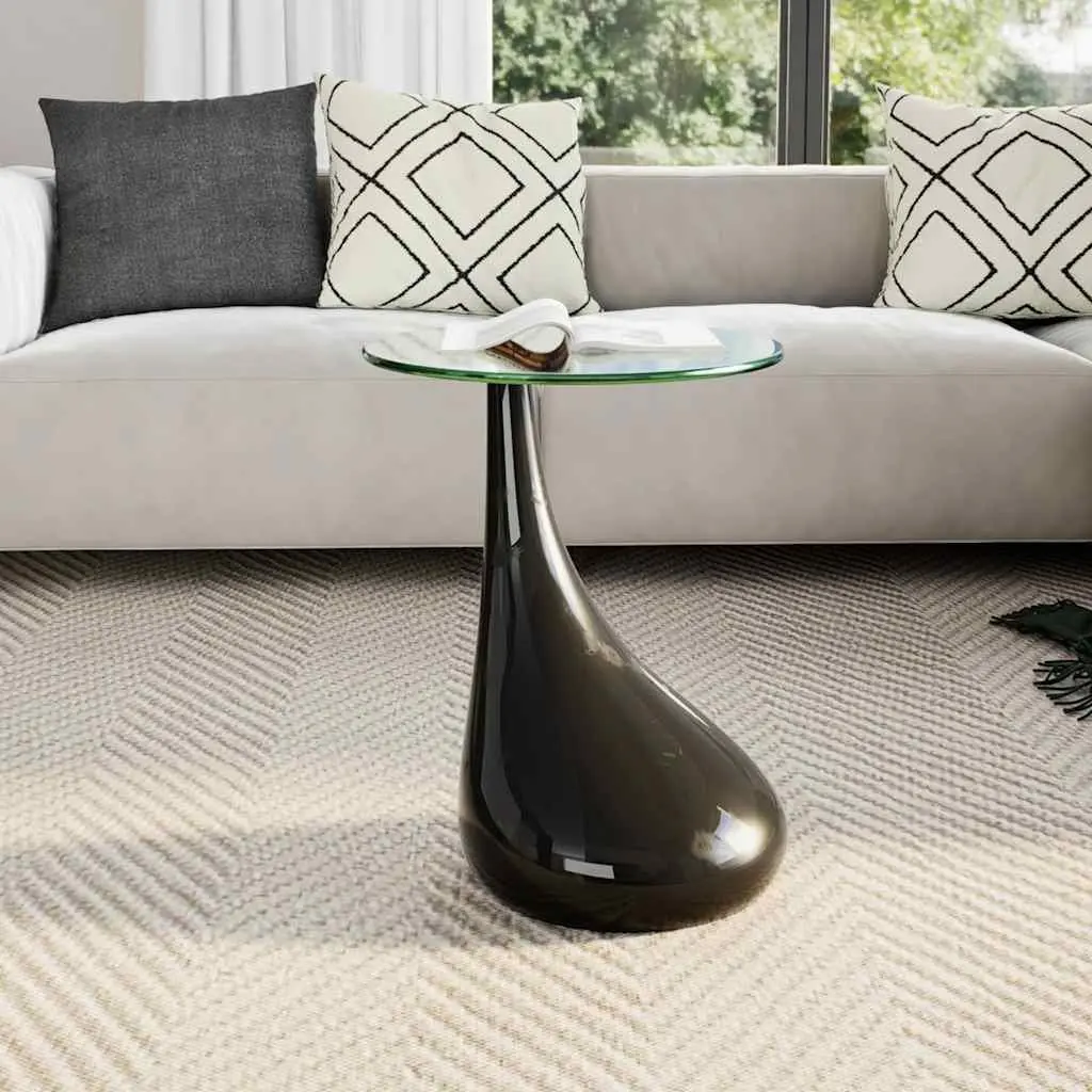 Coffee Table Living Room Round Glass Top High Gloss Black Water Drop Base