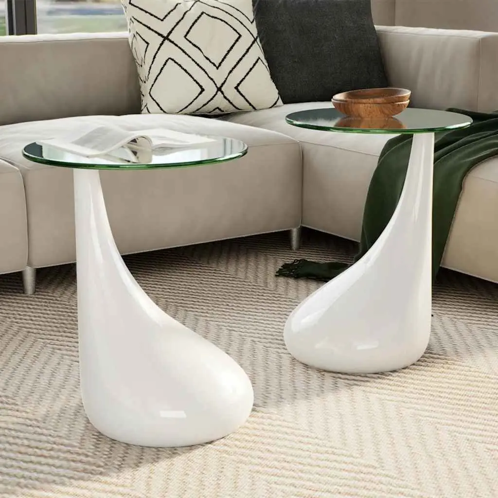Coffee Table Set Living Room 2 pcs Round Glass Top High Gloss White Water-Drop Base