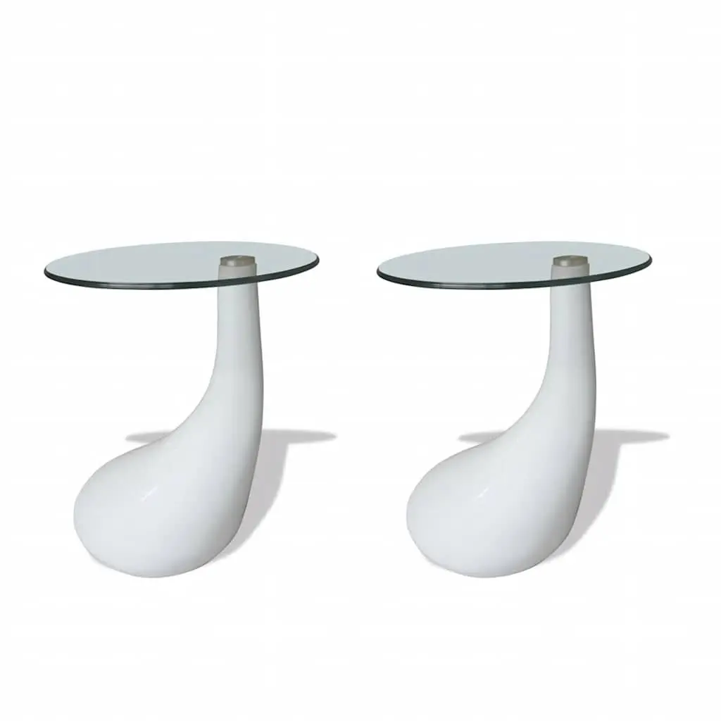 Coffee Table Set Living Room 2 pcs Round Glass Top High Gloss White Water-Drop Base