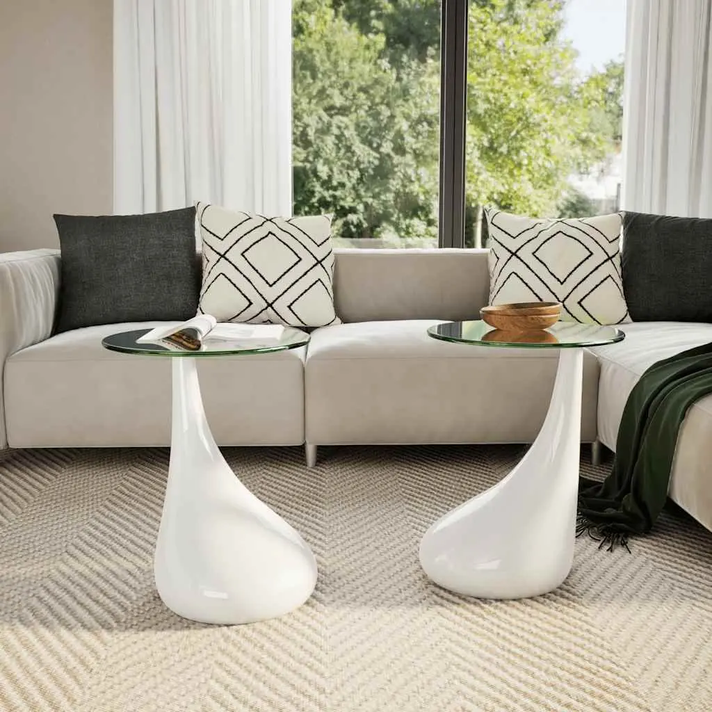 Coffee Table Set Living Room 2 pcs Round Glass Top High Gloss White Water-Drop Base