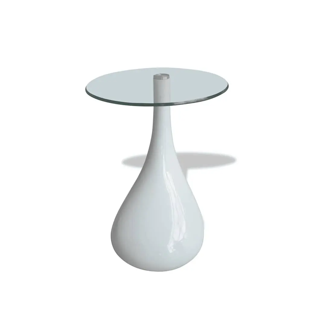 Coffee Table Set Living Room 2 pcs Round Glass Top High Gloss White Water-Drop Base