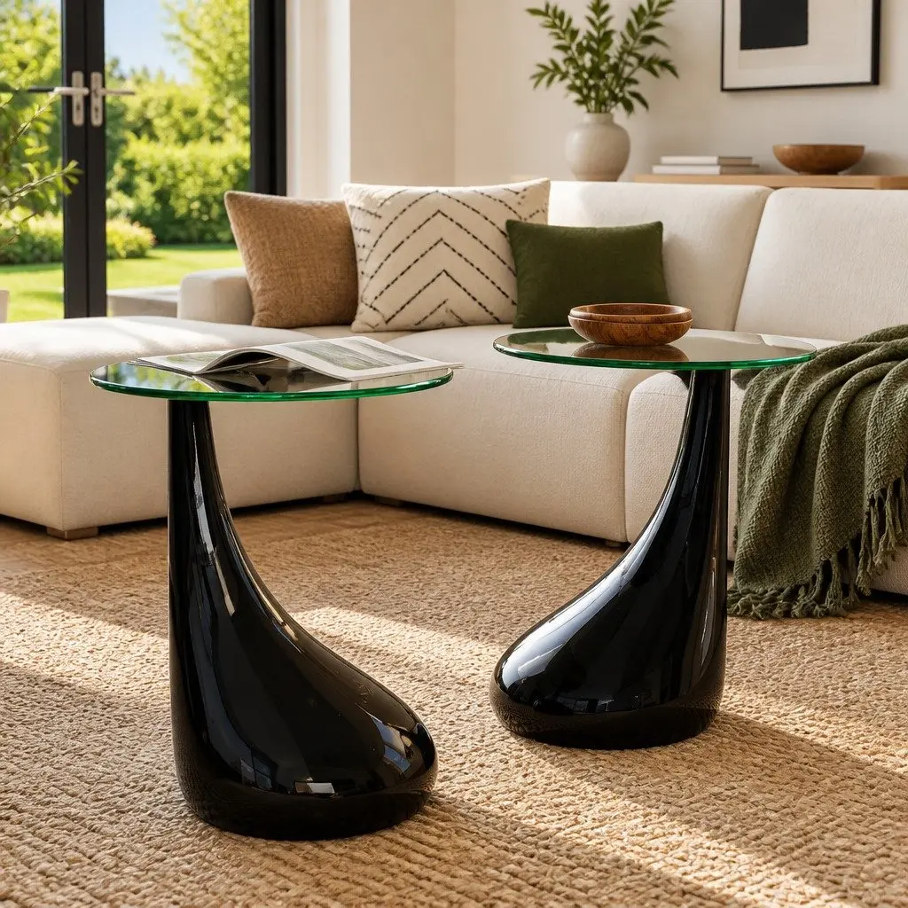 Coffee Table Set 2 Pcs Round Glass Top High Gloss Black Living Room Accent