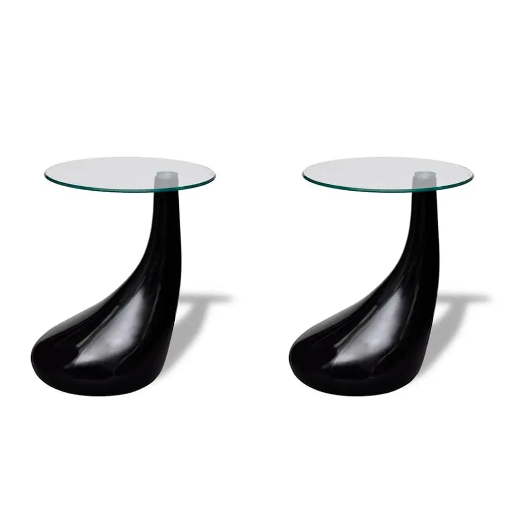 Coffee Table Set 2 Pcs Round Glass Top High Gloss Black Living Room Accent