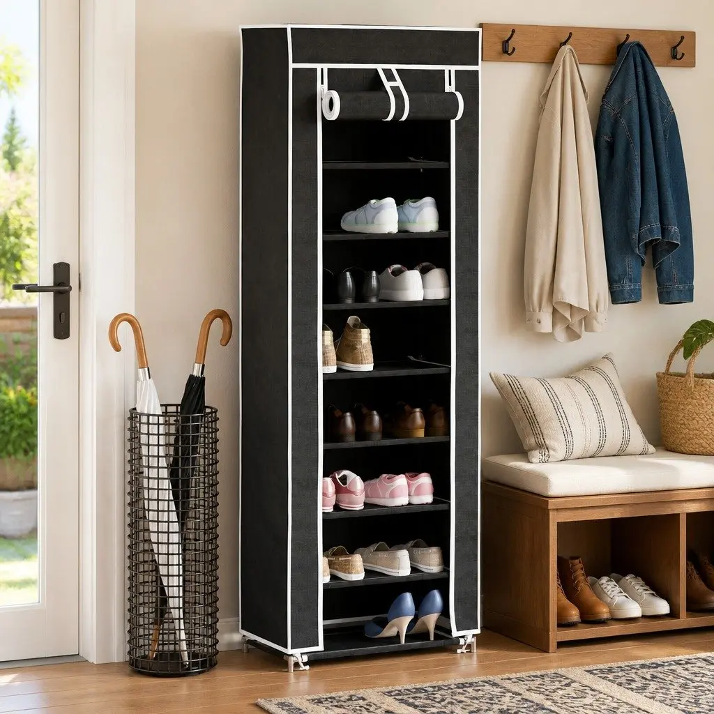 Fabric Shoe Cabinet 8 Tier Shoe Rack Storage Organiser with Dust Cover Black