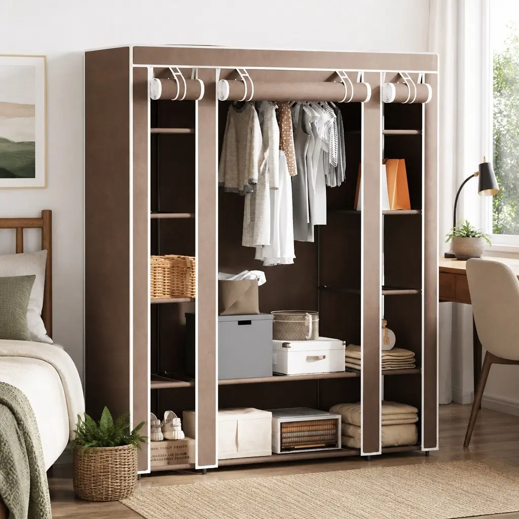Portable Wardrobe Cabinet Storage Closet for Bedrooms and Kids Rooms Brown Fabric 45 x 150 x 176 cm