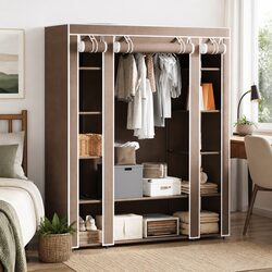 Portable Wardrobe Cabinet Storage Closet Compartments Rods Brown Fabric