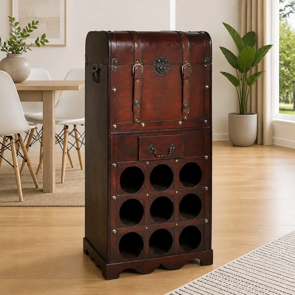 Wooden Wine Rack for 9 Bottles with Drawer and Trunk