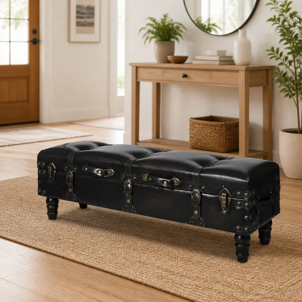 Long Storage Bench Brown Tufted Cushion Faux Leather MDF Hallway Entryway