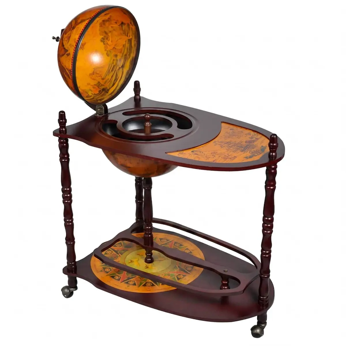 Globe Bar Cabinet Freestanding for Home and Office Brown Wooden Storage Display