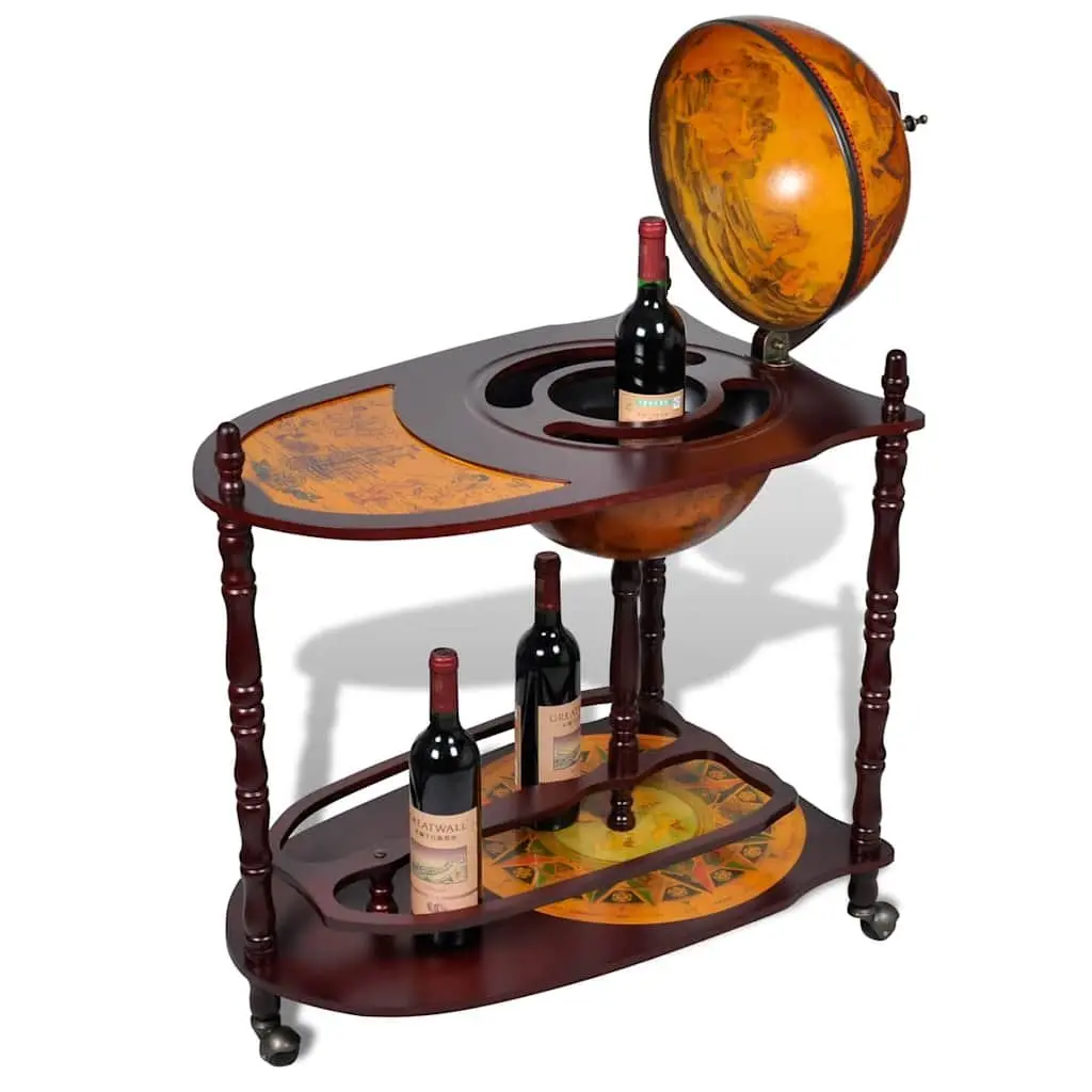 Globe Bar Cabinet Freestanding for Home and Office Brown Wooden Storage Display