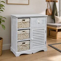 Wooden Storage Cabinet Specifications: White, 3 Baskets