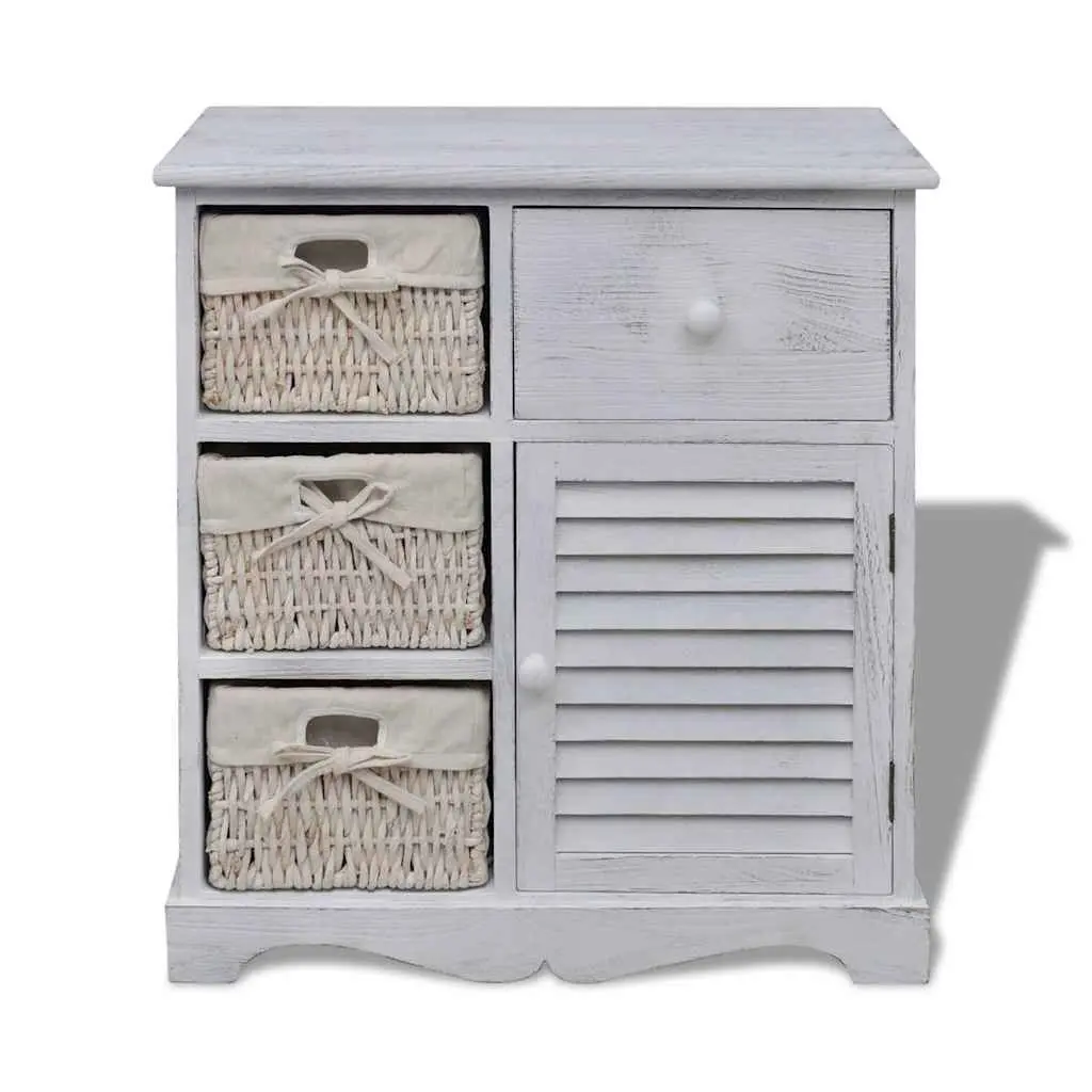 White Wooden Storage Cabinet with 3 Weaving Baskets Country Style Storage Unit