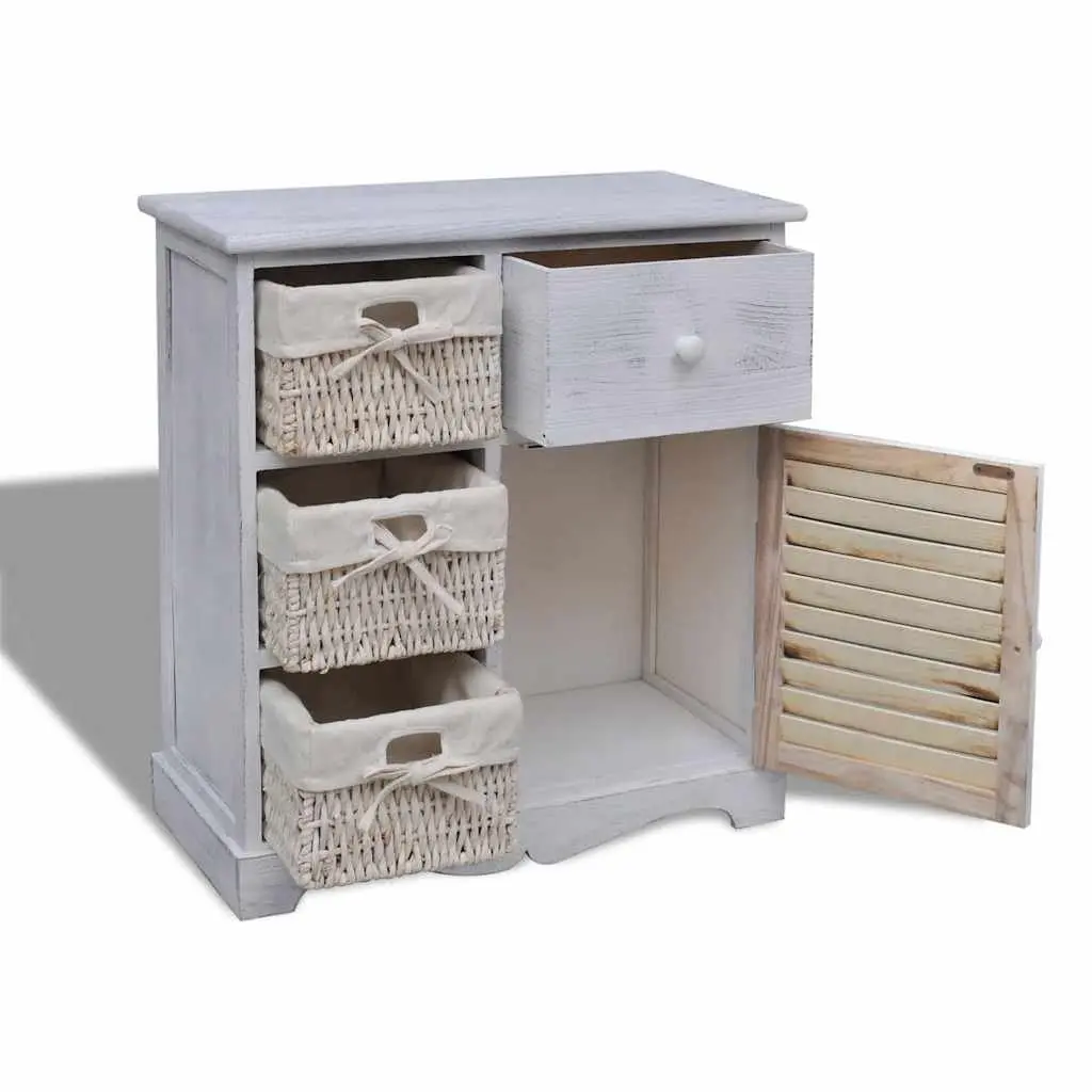 White Wooden Storage Cabinet with 3 Weaving Baskets Country Style Storage Unit