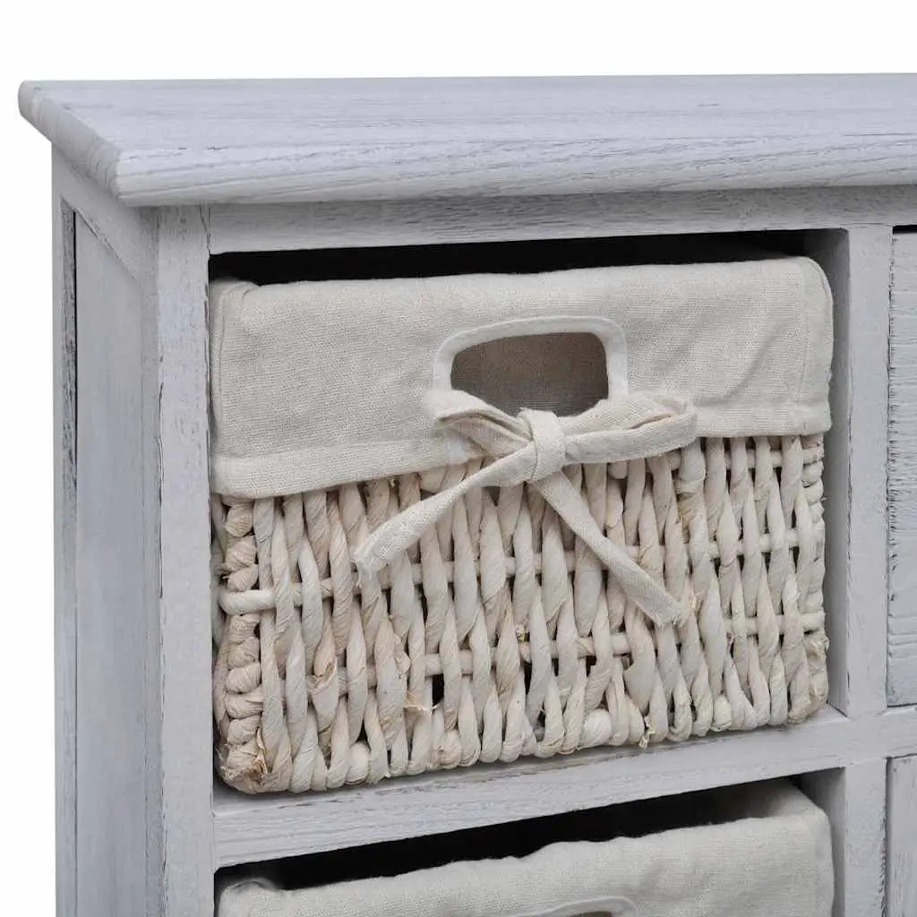 White Wooden Storage Cabinet with 3 Weaving Baskets Country Style Storage Unit