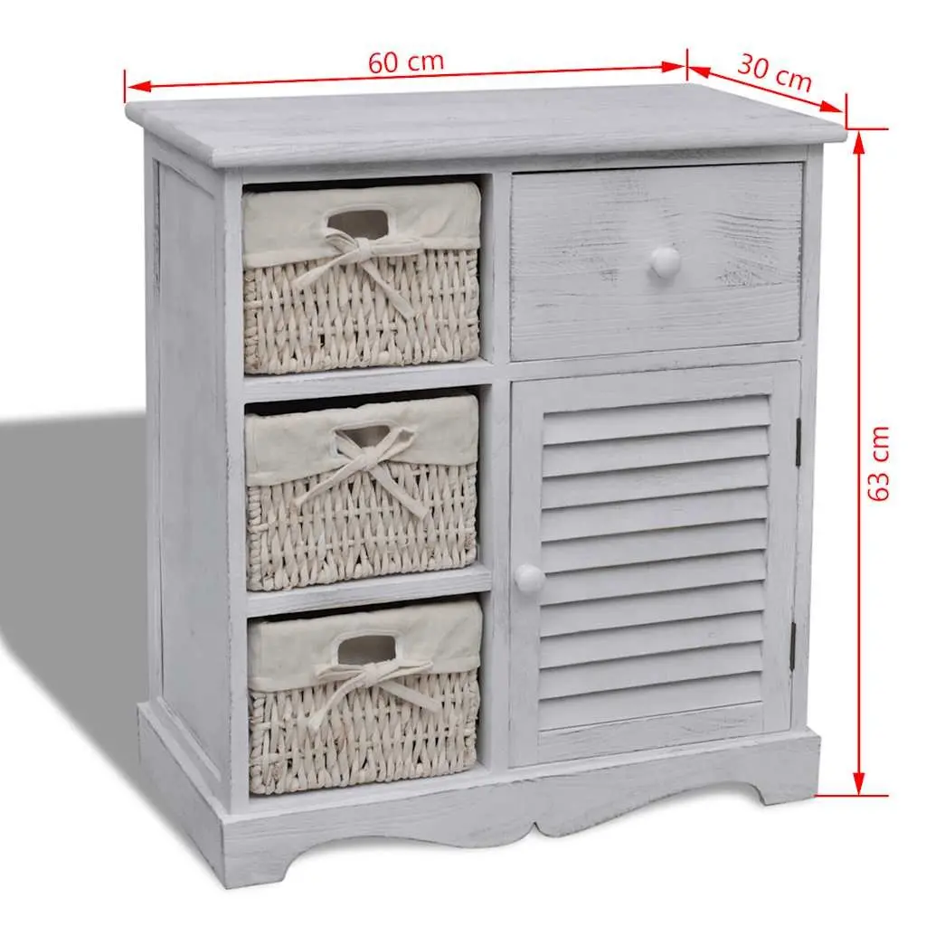 White Wooden Storage Cabinet with 3 Weaving Baskets Country Style Storage Unit