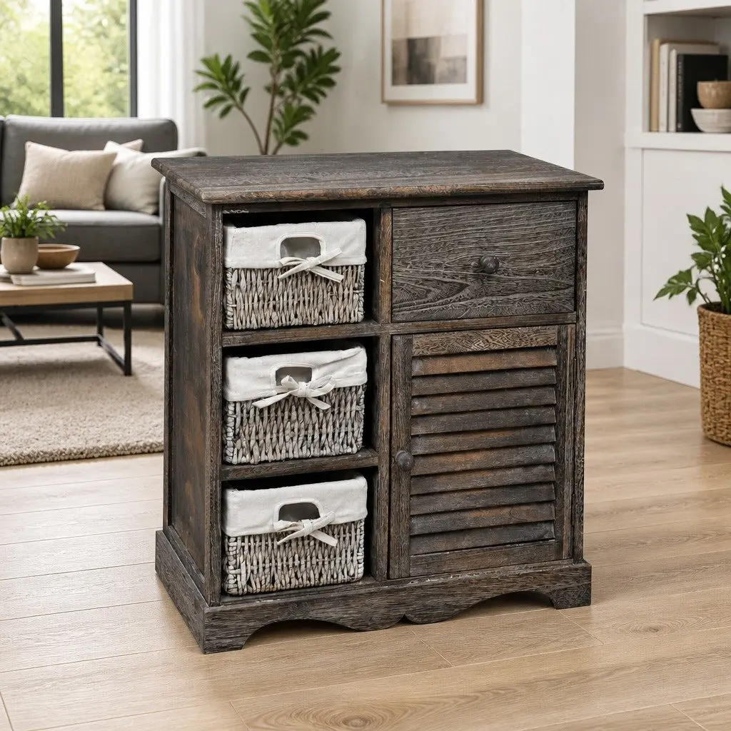 Wooden Storage Cabinet for Home with 3 Weaving Baskets Brown Country Style